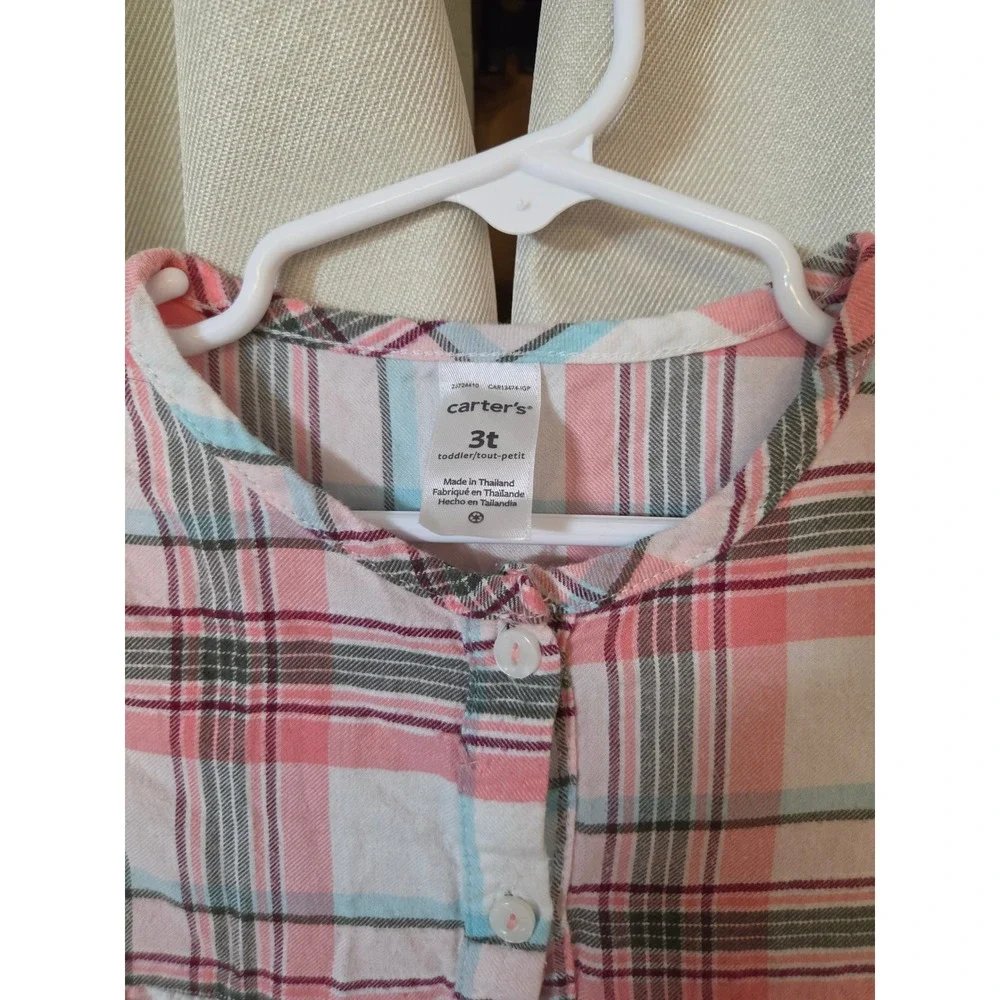Carters Toddler Girl 3T Pink Blue Plaid Long Sleeve Empire Waist Tunic Blouse